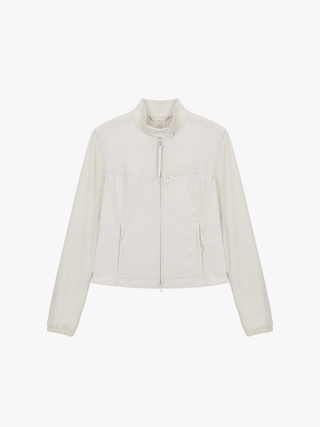 Flat lay of a beige fitted zip-up jacket displayed flat against a white background.