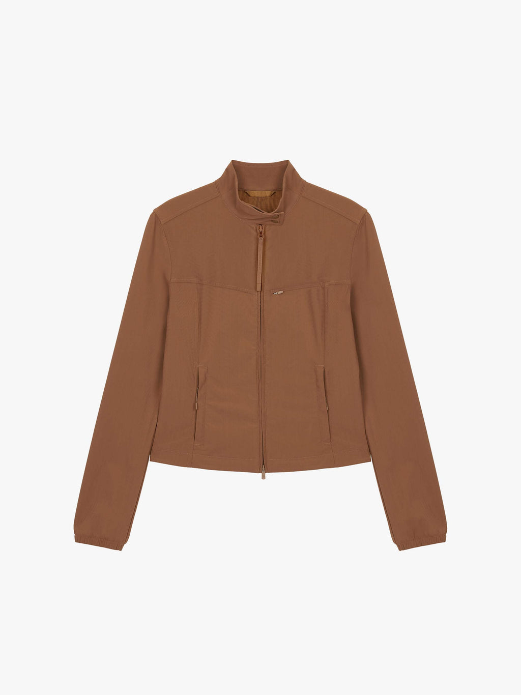 Flat lay of a toffee fitted zip-up jacket displayed flat against a white background.