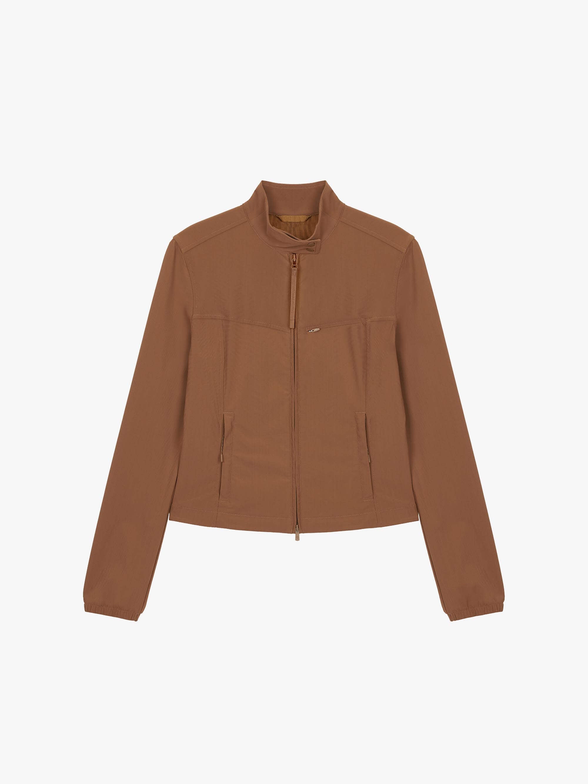 Flat lay of a toffee fitted zip-up jacket displayed flat against a white background.