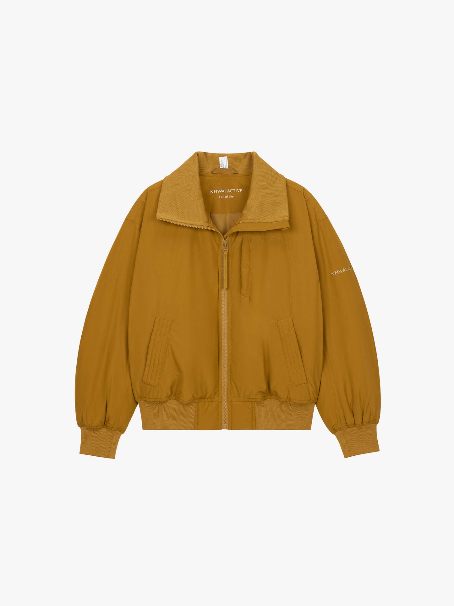 flat lay of golden brown bomber jacket