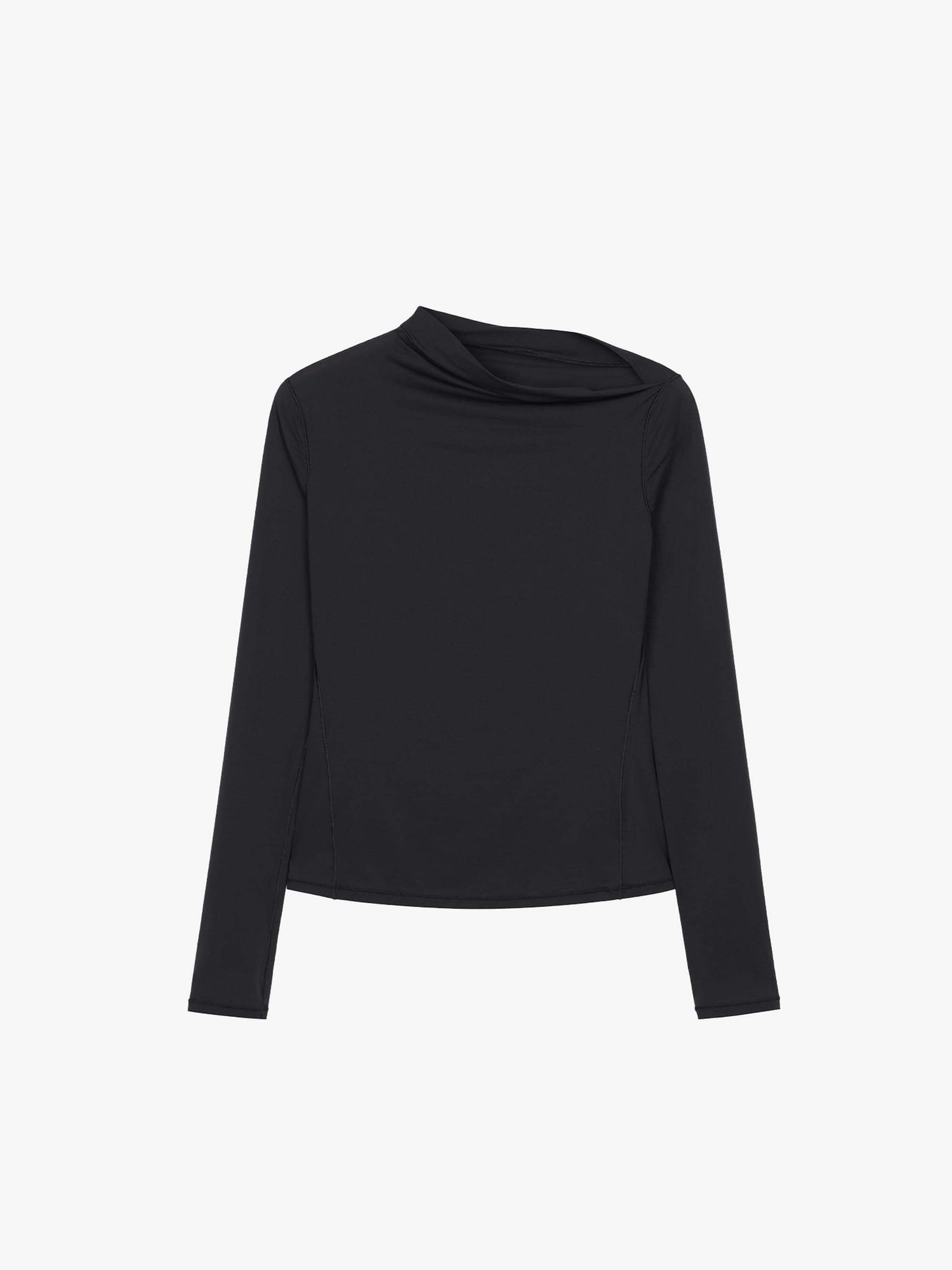 Flat lay of asymmetric long-sleeve top in black.