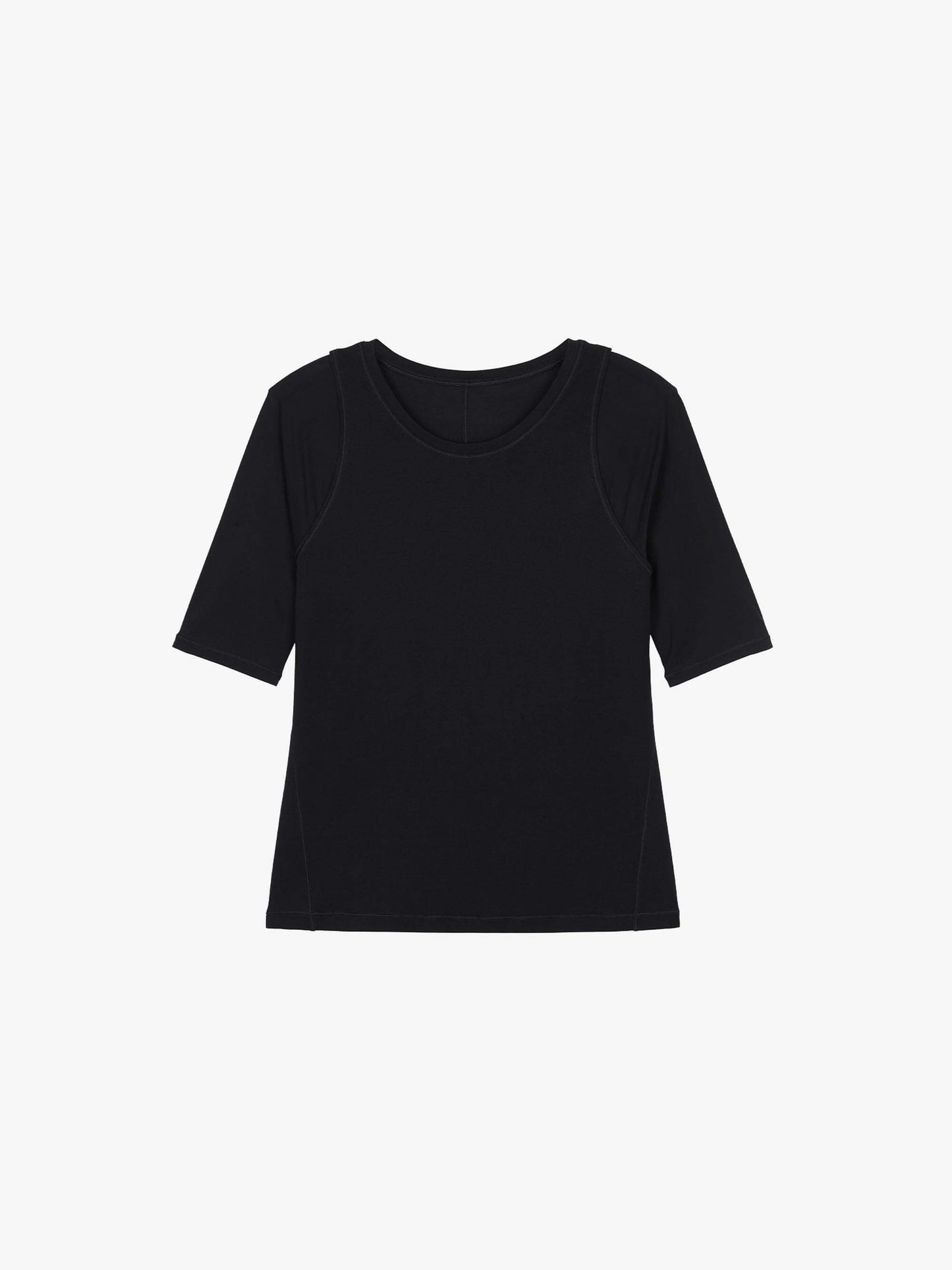 A flat lay of a black short sleeve T-shirt.