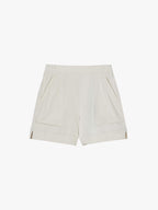 Flat lay of a pair of light gray mid-waist shorts displayed on a plain background. The shorts feature an elastic waistband, side pockets, and a clean, minimalistic design.