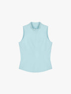 flat lay of blue crewneck sleeveless top