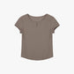 Flat lay of taupe short-sleeve top with a notched neckline, displayed on a white background.