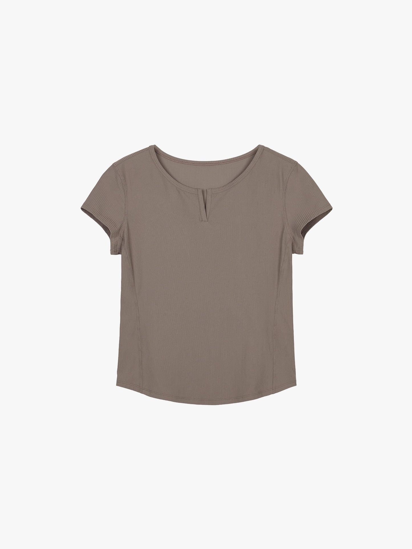 Flat lay of taupe short-sleeve top with a notched neckline, displayed on a white background.