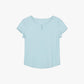 Flat lay of light blue short-sleeve top with a notched neckline, displayed on a white background.