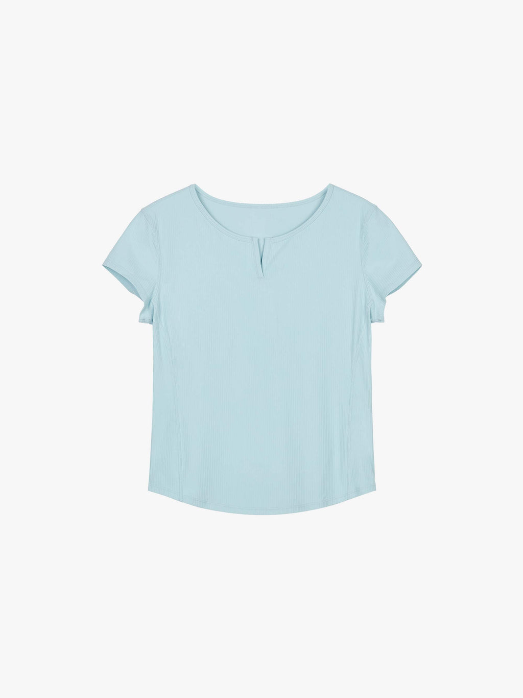 Flat lay of light blue short-sleeve top with a notched neckline, displayed on a white background.
