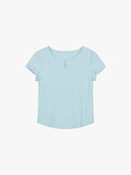 Flat lay of light blue short-sleeve top with a notched neckline, displayed on a white background.