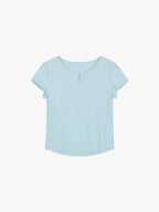 Flat lay of light blue short-sleeve top with a notched neckline, displayed on a white background.