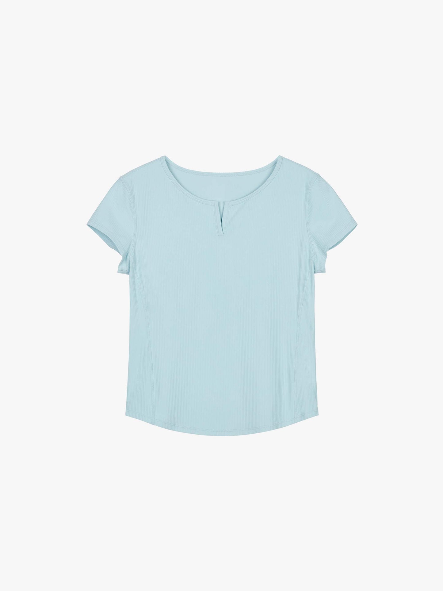 Flat lay of light blue short-sleeve top with a notched neckline, displayed on a white background.