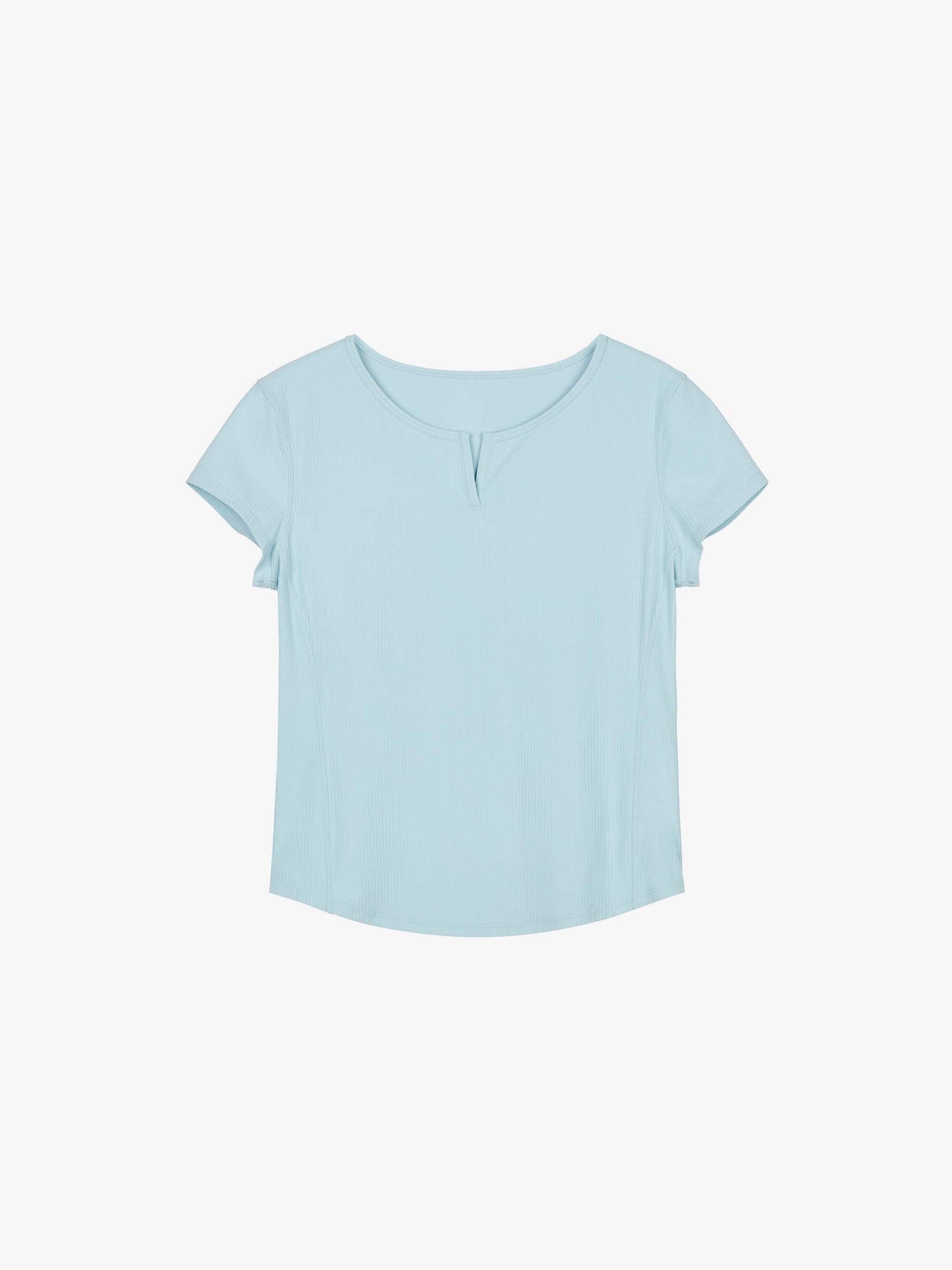 Flat lay of light blue short-sleeve top with a notched neckline, displayed on a white background.