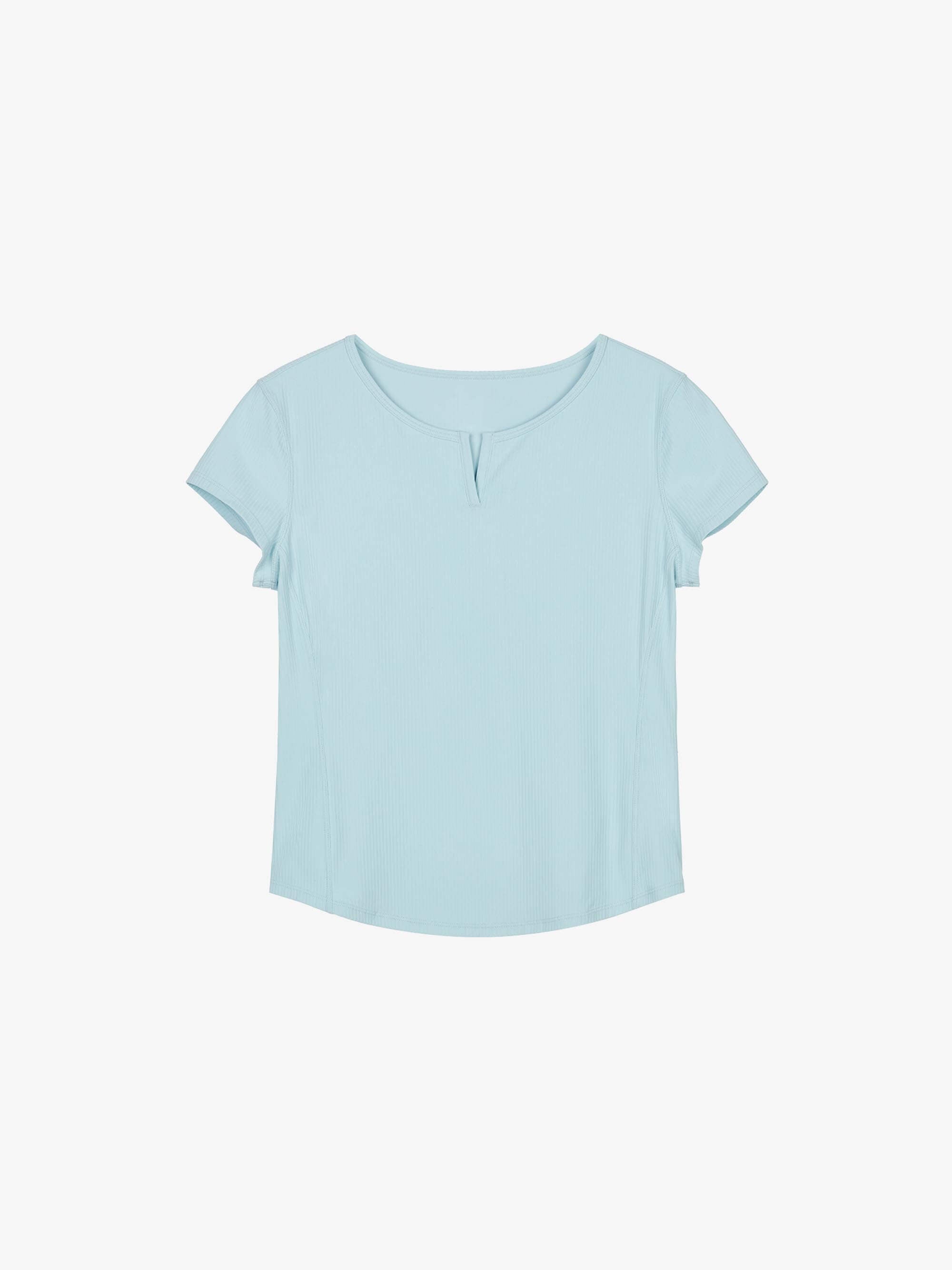 Flat lay of light blue short-sleeve top with a notched neckline, displayed on a white background.