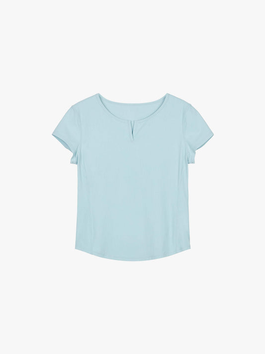 Flat lay of light blue short-sleeve top with a notched neckline, displayed on a white background.