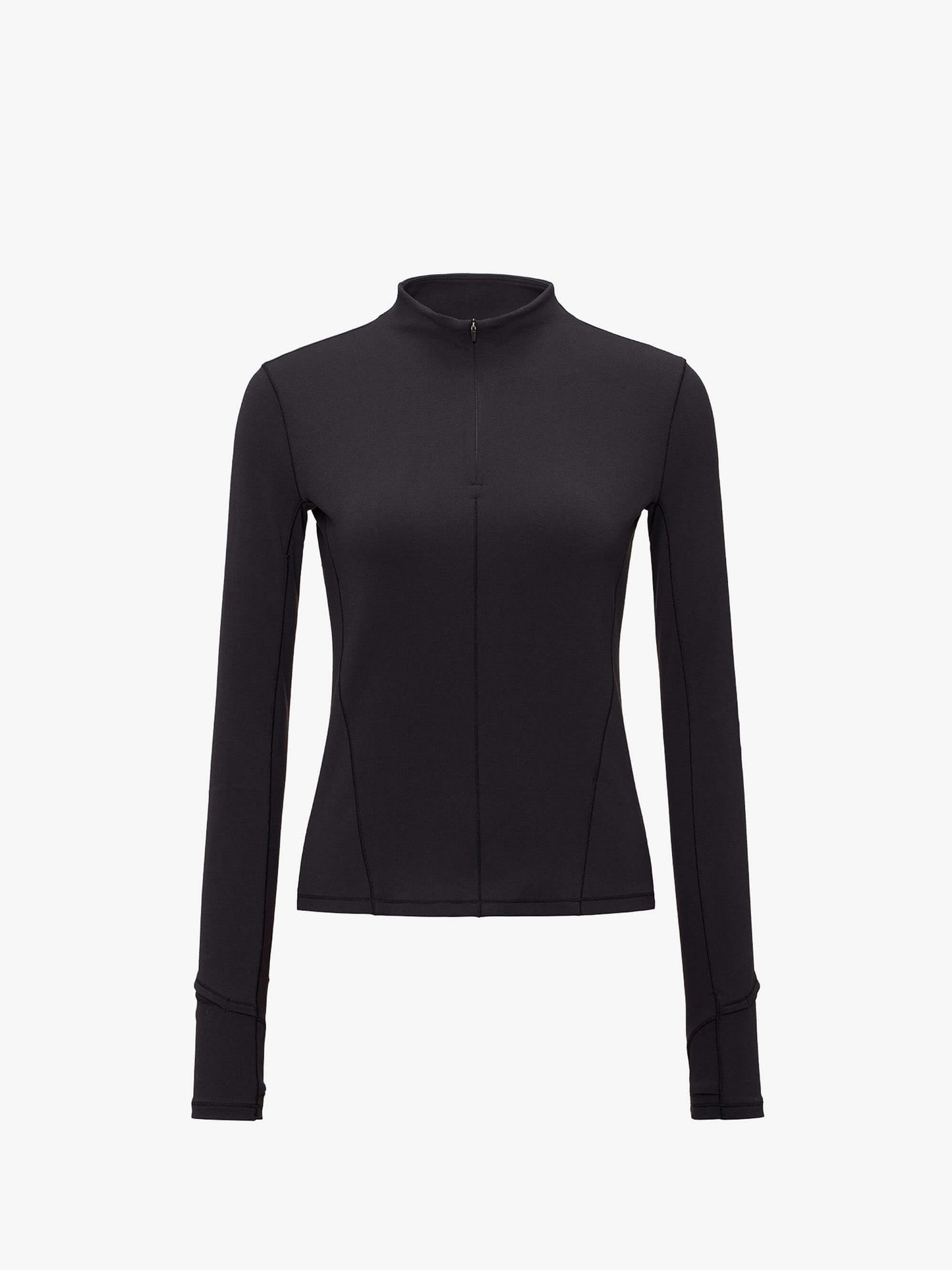 Flat lay image of black half zip top