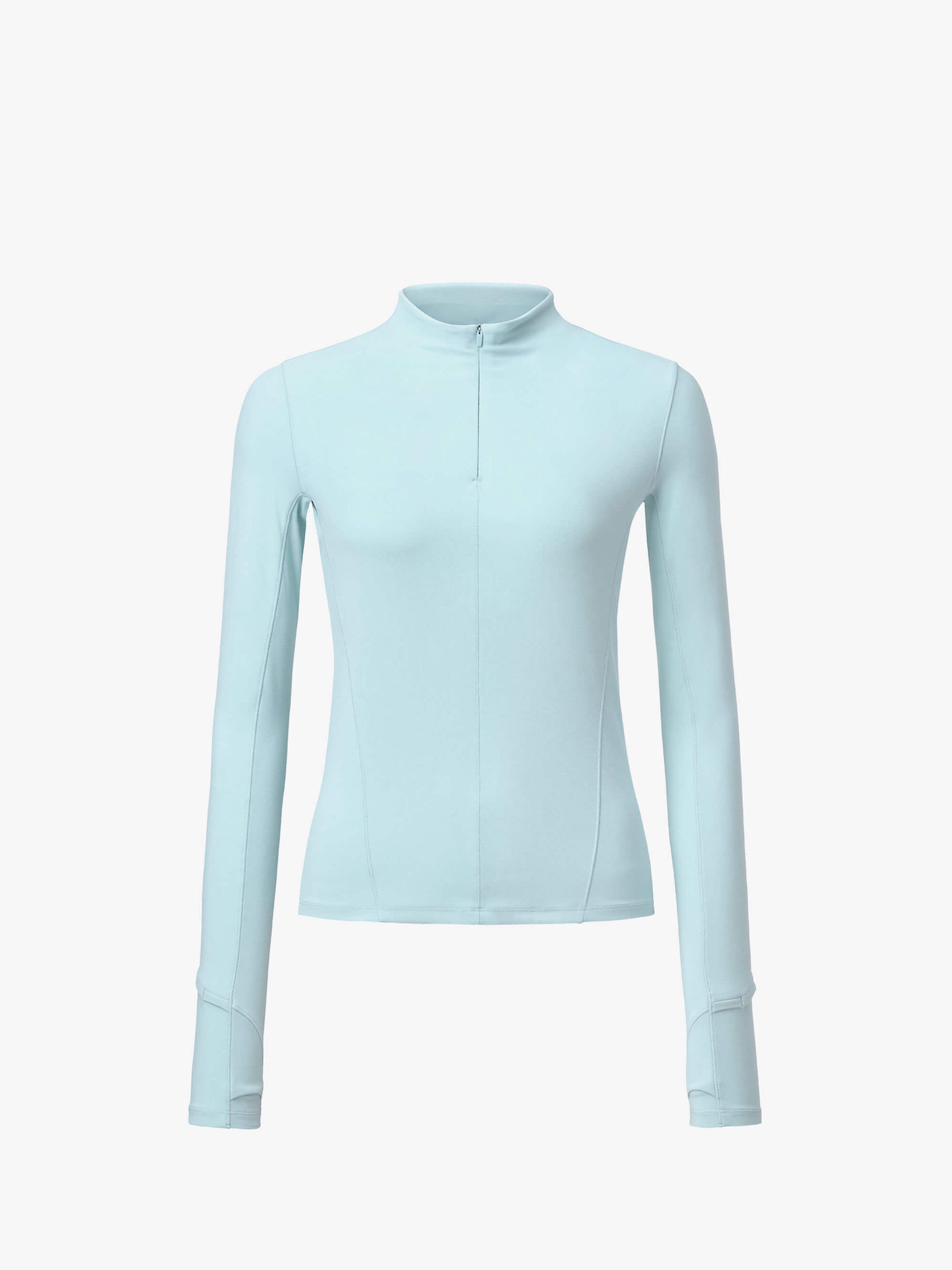 Flat lay image of light blue half zip top