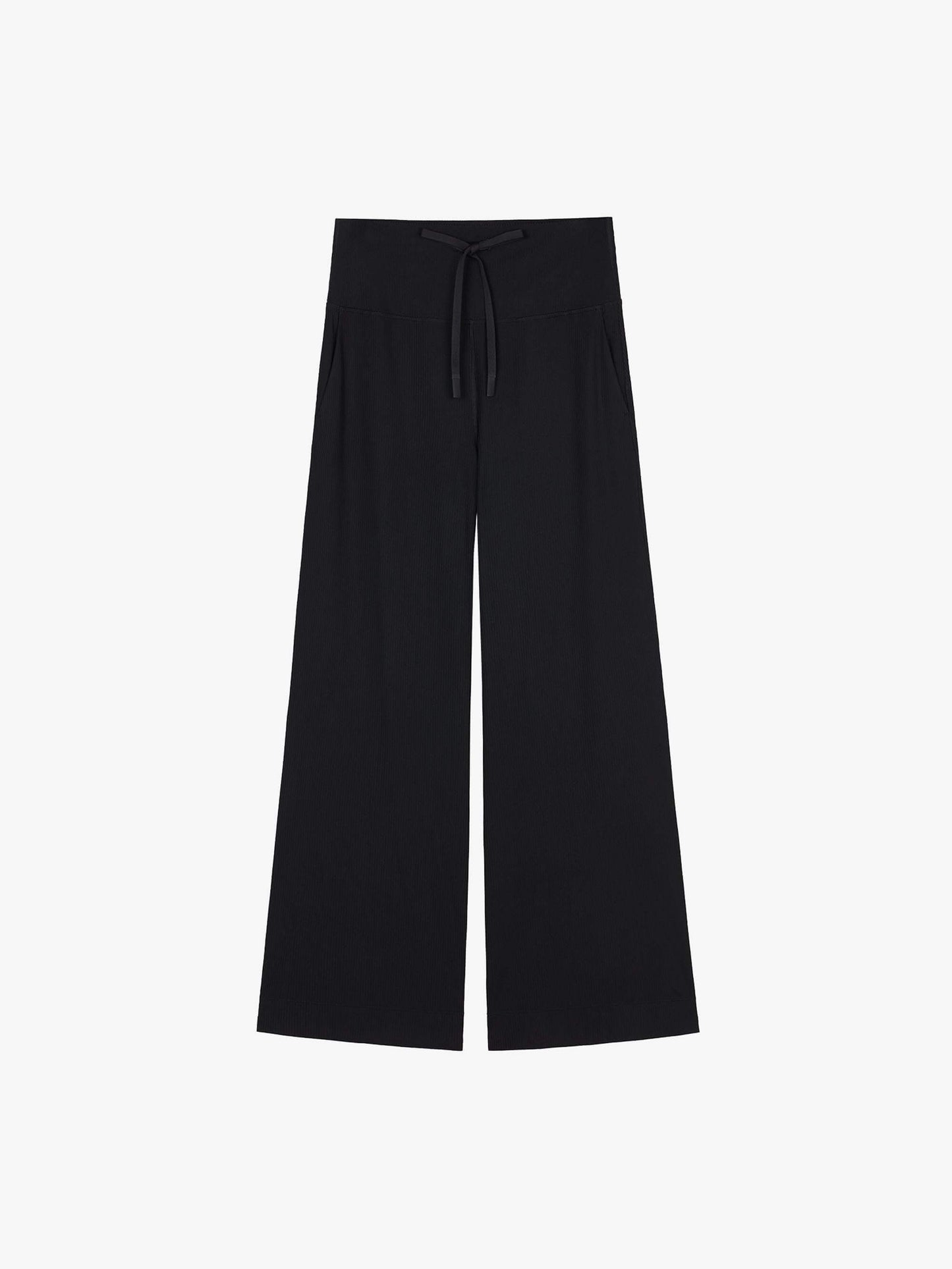 Flat lay of black high-waisted wide-leg pants with a drawstring tie waist, displayed against a white background