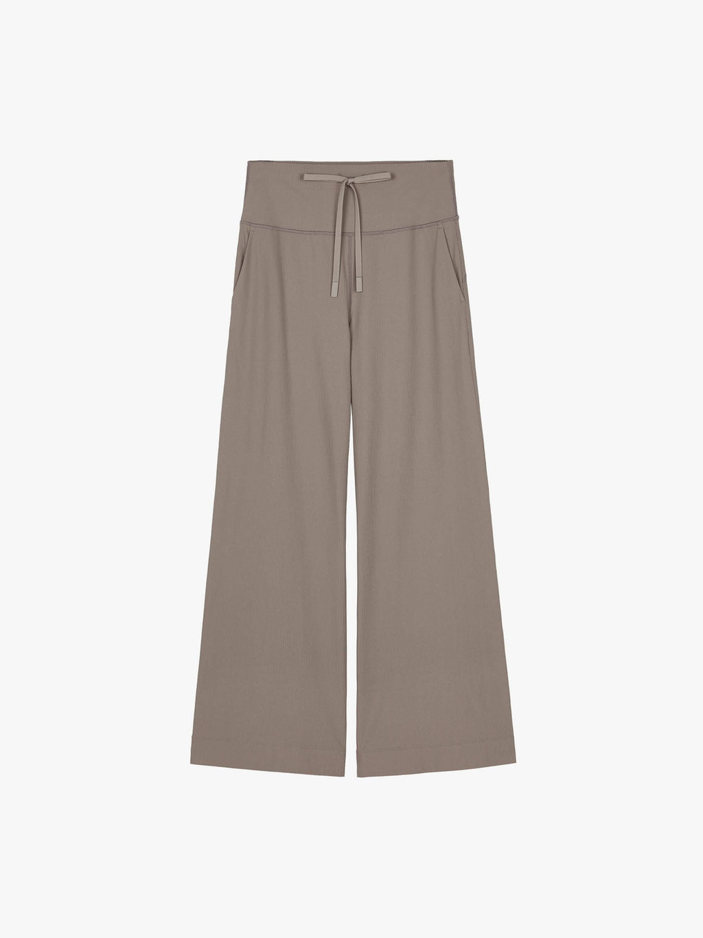 Flat lay of beige high-waisted wide-leg pants with a drawstring tie waist, displayed against a white background.