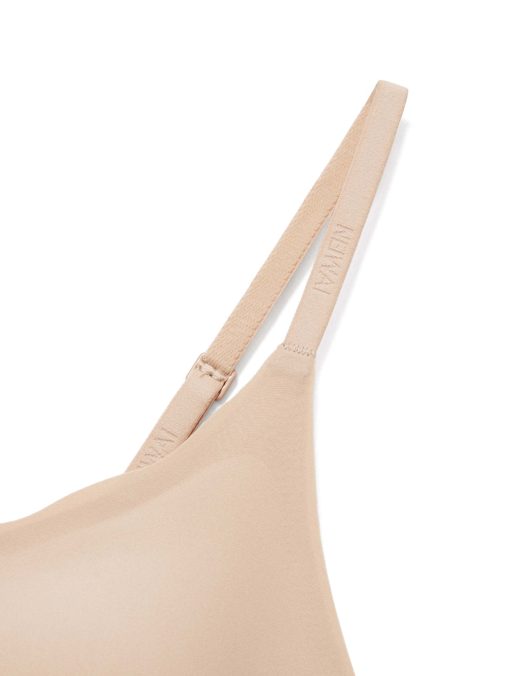 Beige bra detailing with brand logo on a white background
