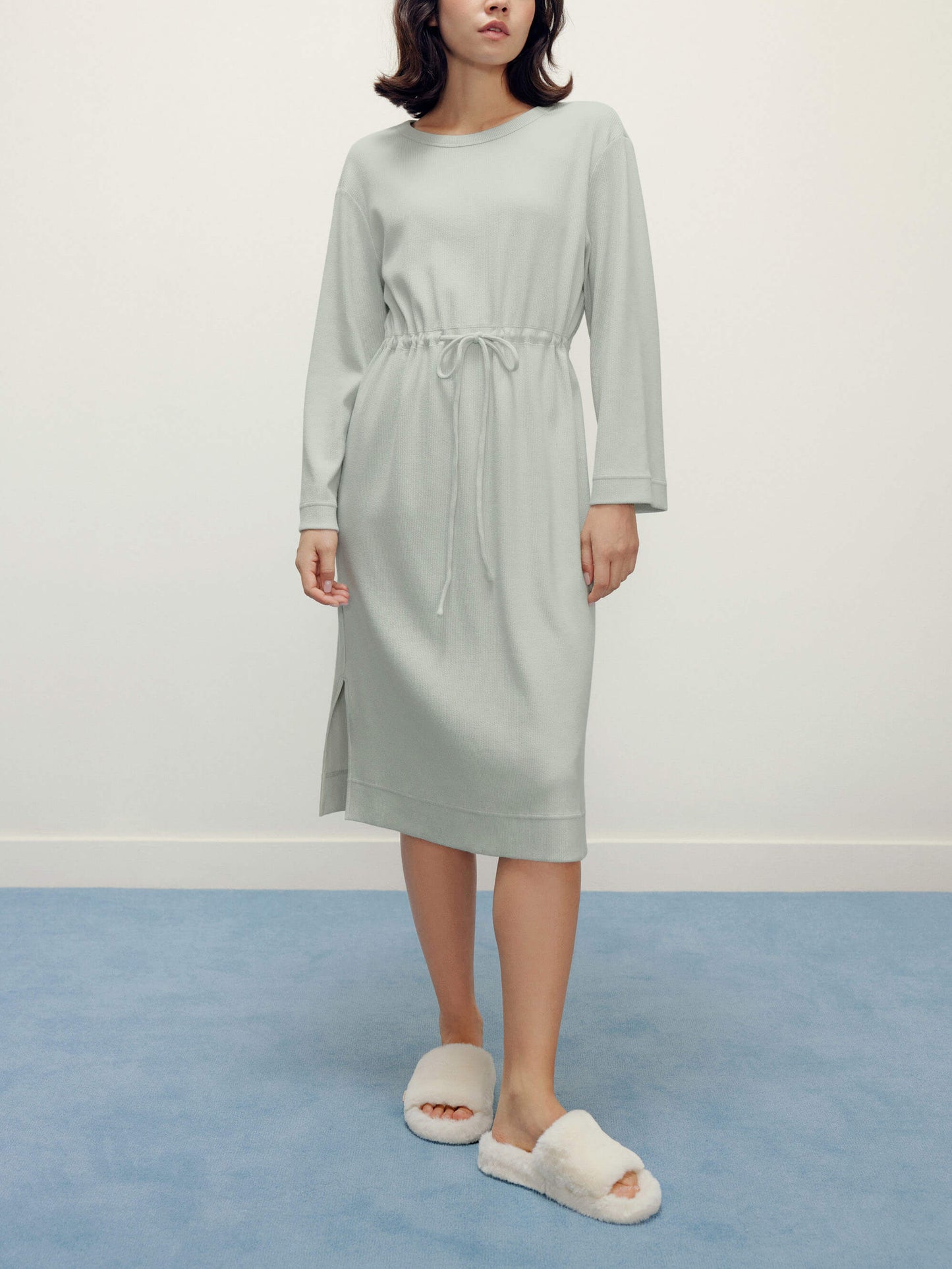 woman in mint pajama lounge sleeve dress with waist drawstring