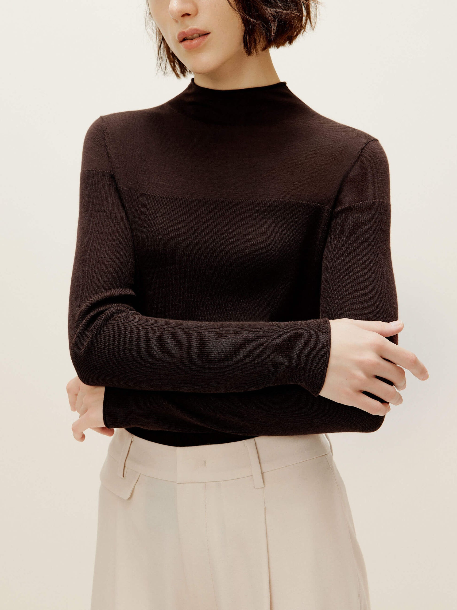 brown silky wool mock neck sweater