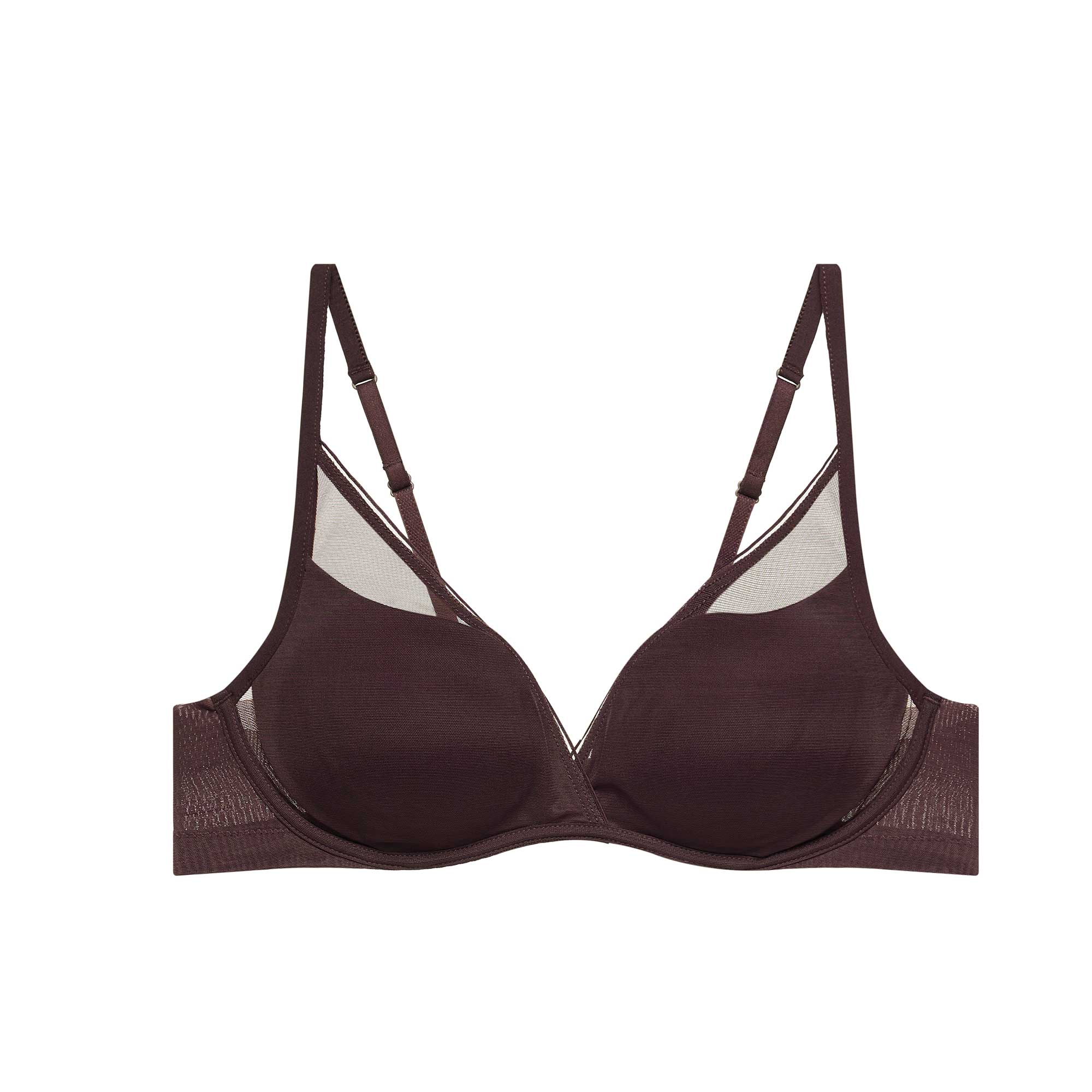 Flat lay image of a brown bra with mesh overlay, plunge neckline, and thin straps