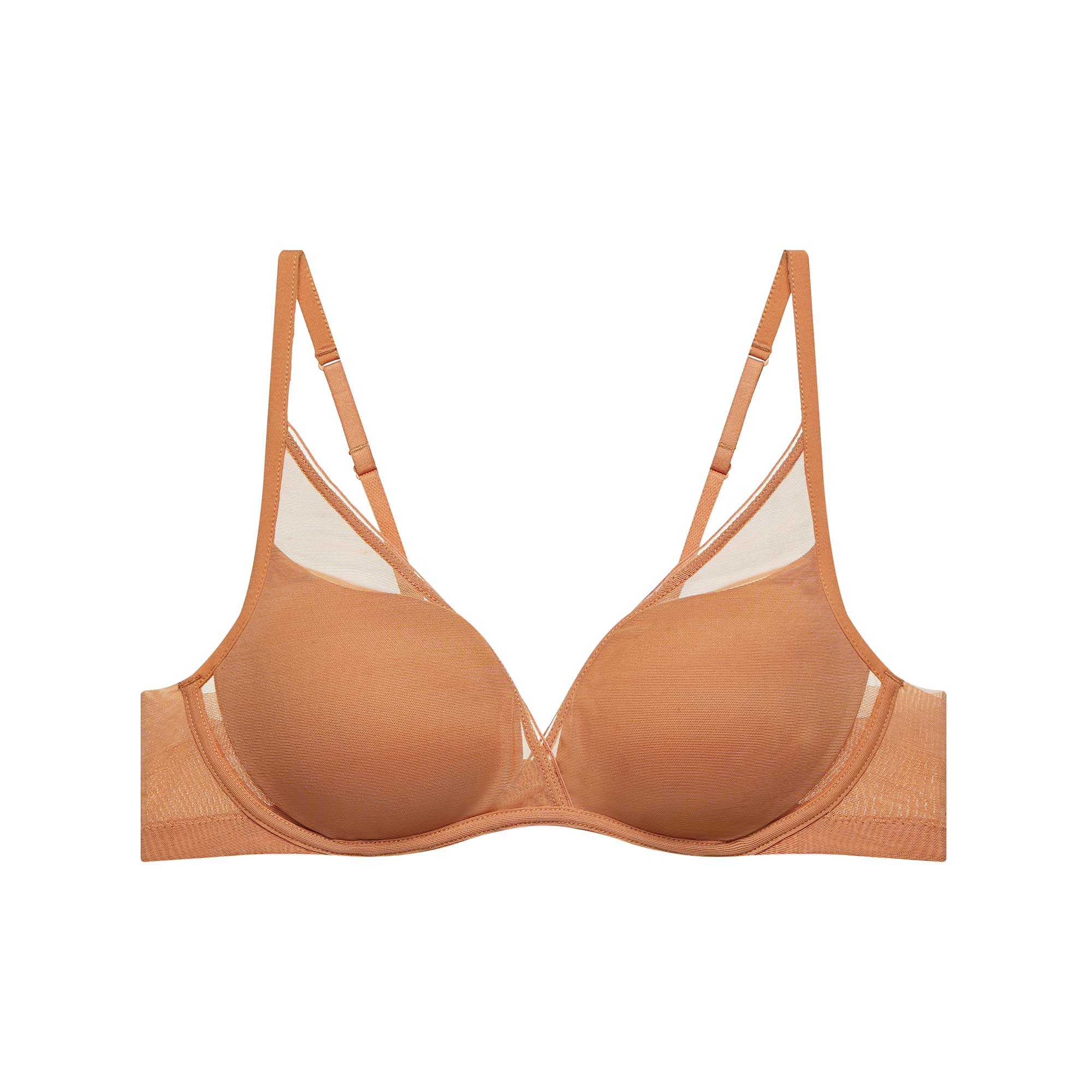 Flat lay image of a peach-colored bra with mesh overlay, plunge neckline, and thin straps