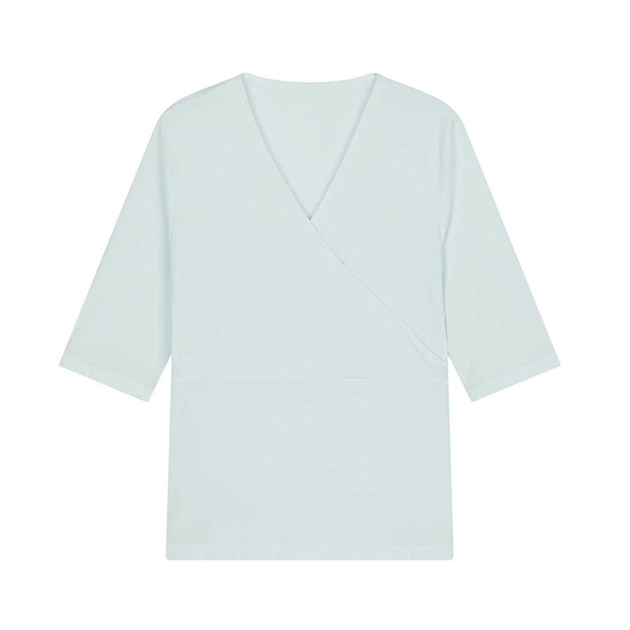 Flat lay image of blue short sleeve top with faux wrap v neckline