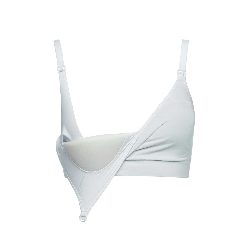 blue nursing bra showcasing buttons for breastfeeding