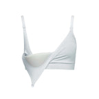 blue nursing bra showcasing buttons for breastfeeding
