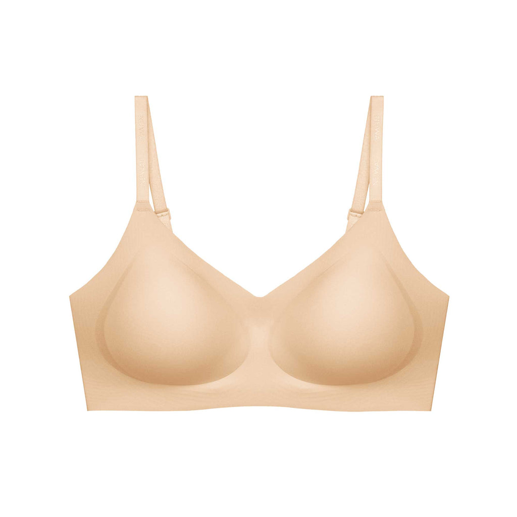flat lay of a light nude bra