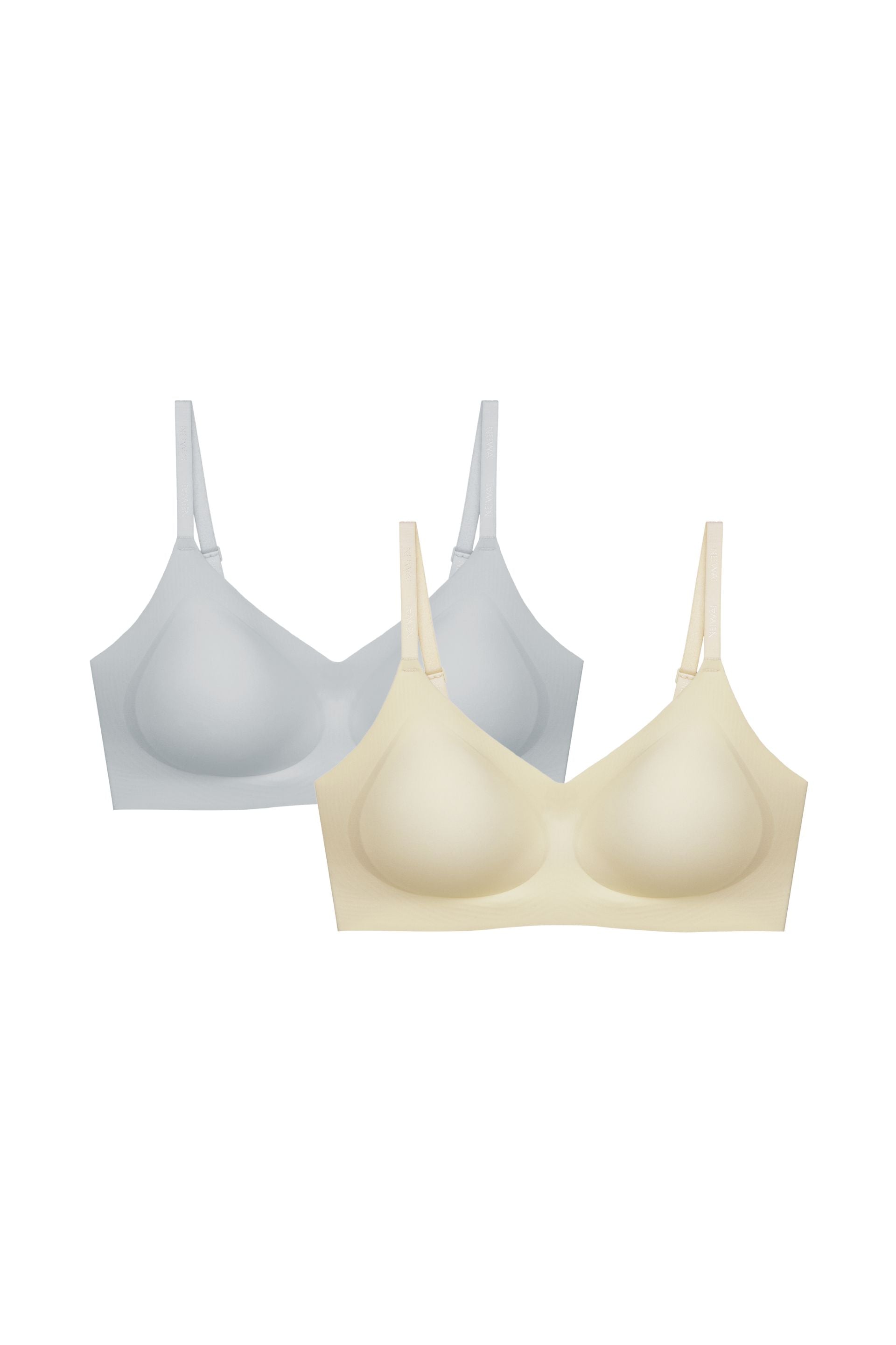 two bras in blue and cream