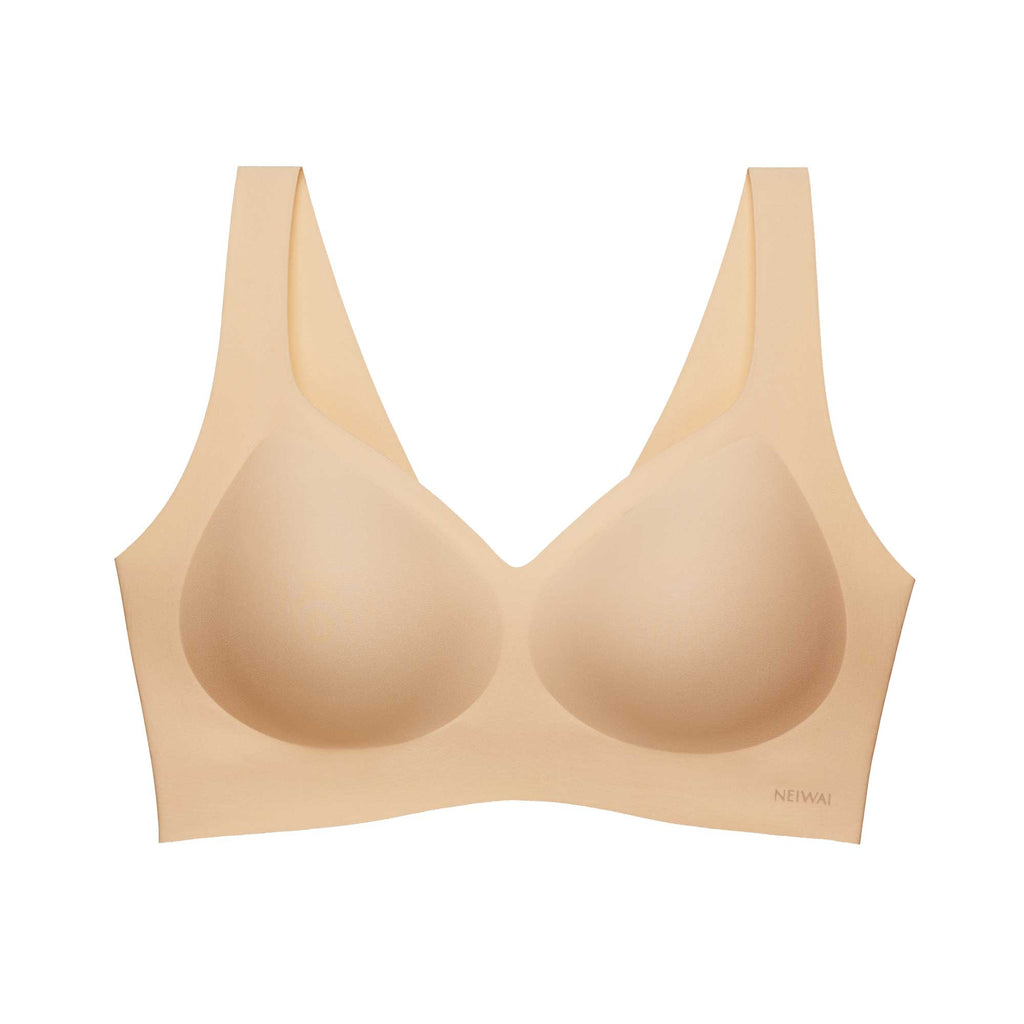 flat lay of a light nude bra