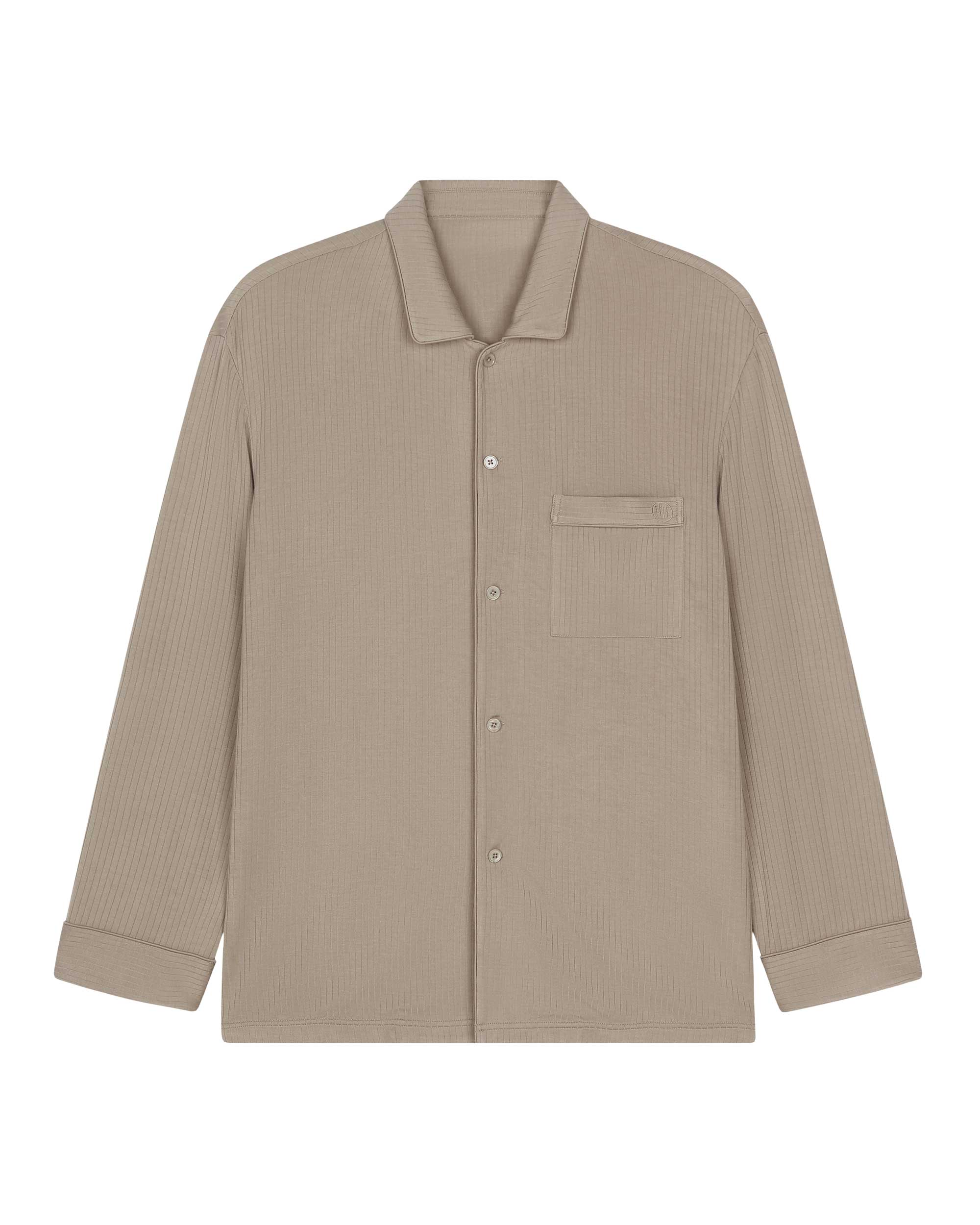 flat lay image of tan pajama button up shirt
