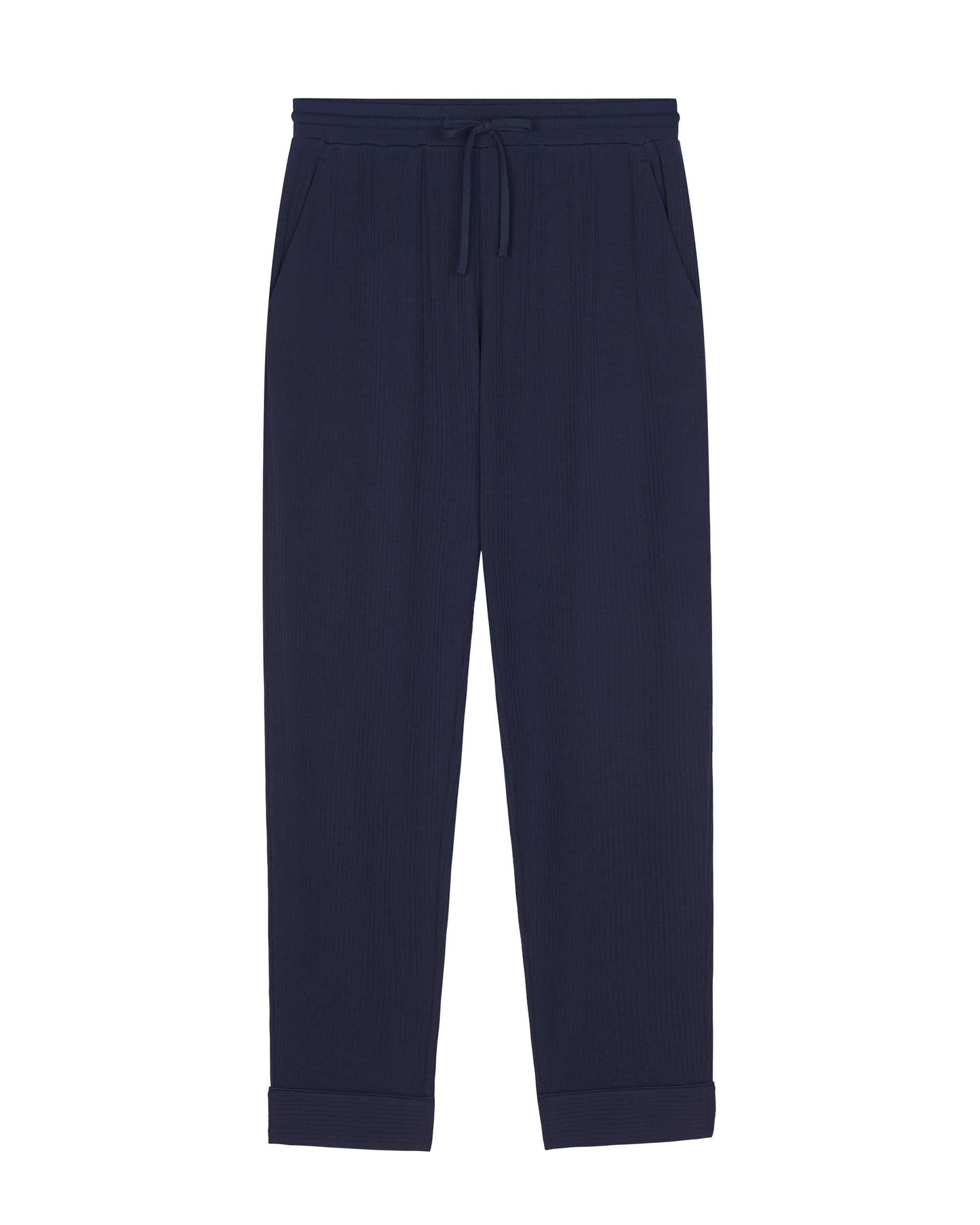 flat lay of navy pajama pants