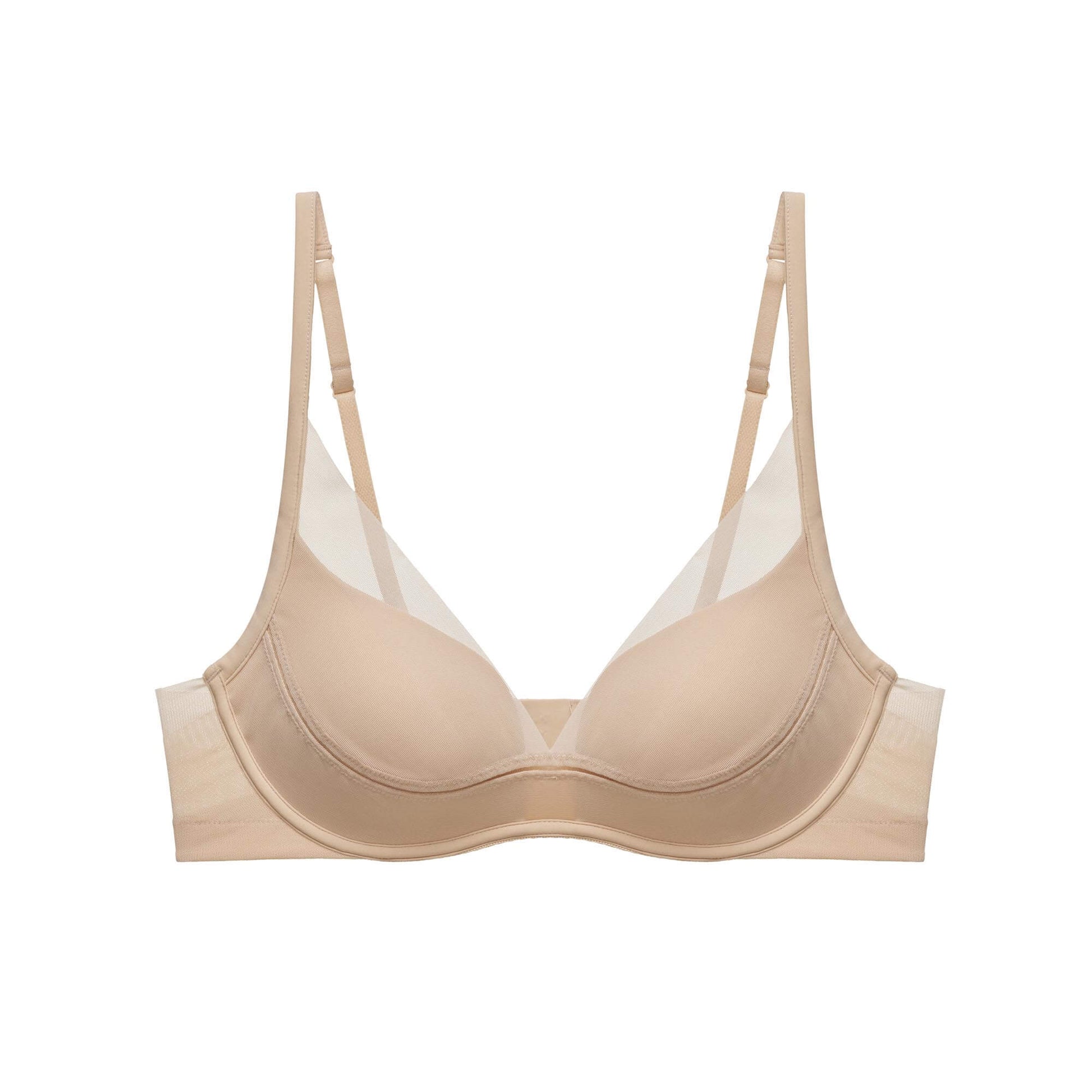 Product image of a nude 3/4 cup bra with adjustable straps and mesh detailing, displayed on a white background.