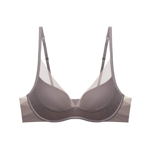 Product image of a grey purple 3/4 cup bra with adjustable straps and mesh detailing, displayed on a white background.