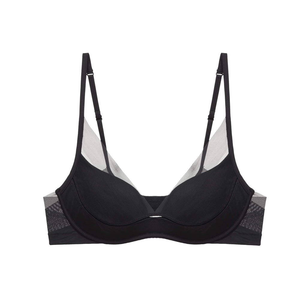 Product image of a black 3/4 cup bra with adjustable straps and mesh detailing, displayed on a white background.