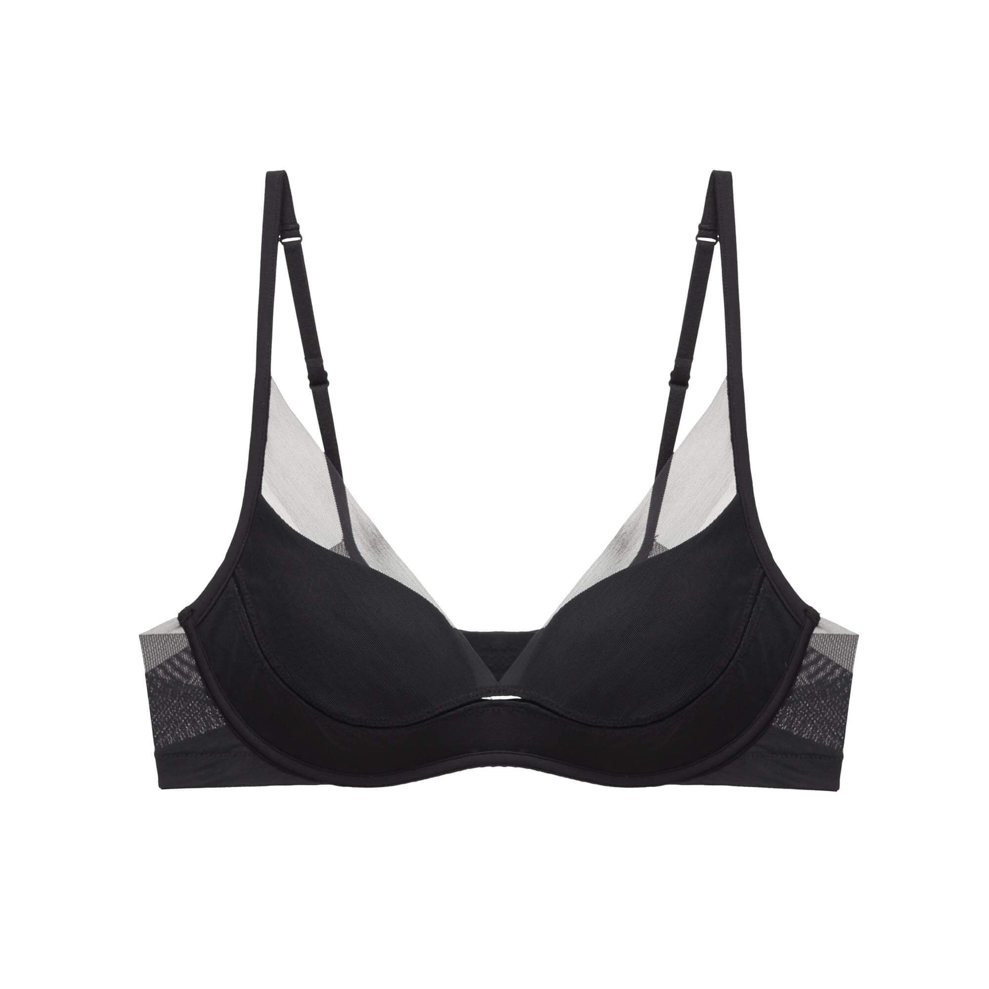 Product image of a black 3/4 cup bra with adjustable straps and mesh detailing, displayed on a white background.