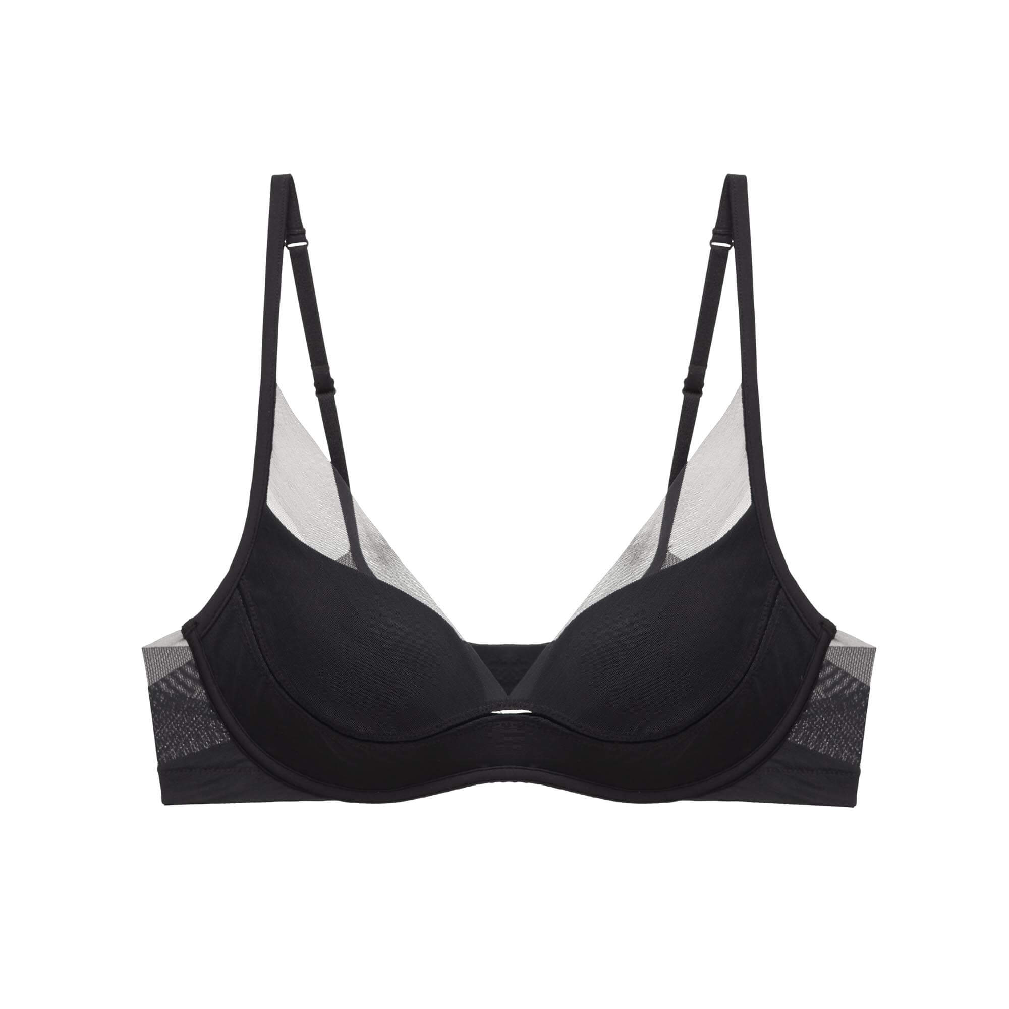 Product image of a black 3/4 cup bra with adjustable straps and mesh detailing, displayed on a white background.