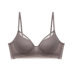 Product image of a gray purple bra with adjustable straps and mesh detailing, displayed on a white background.