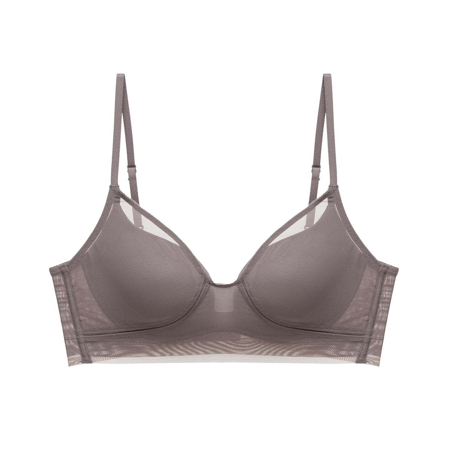 Product image of a gray purple bra with adjustable straps and mesh detailing, displayed on a white background.