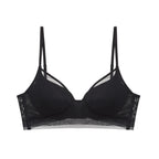 Product image of a black purple bra with adjustable straps and mesh detailing, displayed on a white background.
