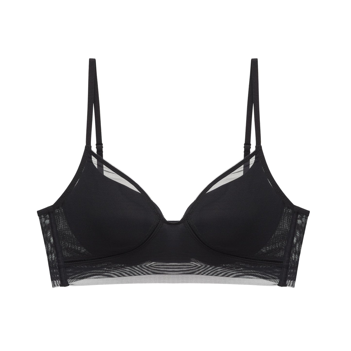 Product image of a black purple bra with adjustable straps and mesh detailing, displayed on a white background.