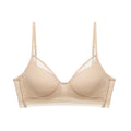 Product image of a nude bra with adjustable straps and mesh detailing, displayed on a white background.