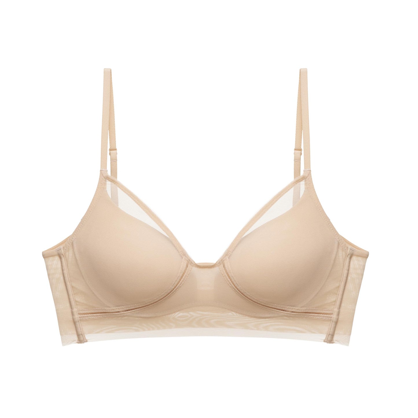 Product image of a nude bra with adjustable straps and mesh detailing, displayed on a white background.