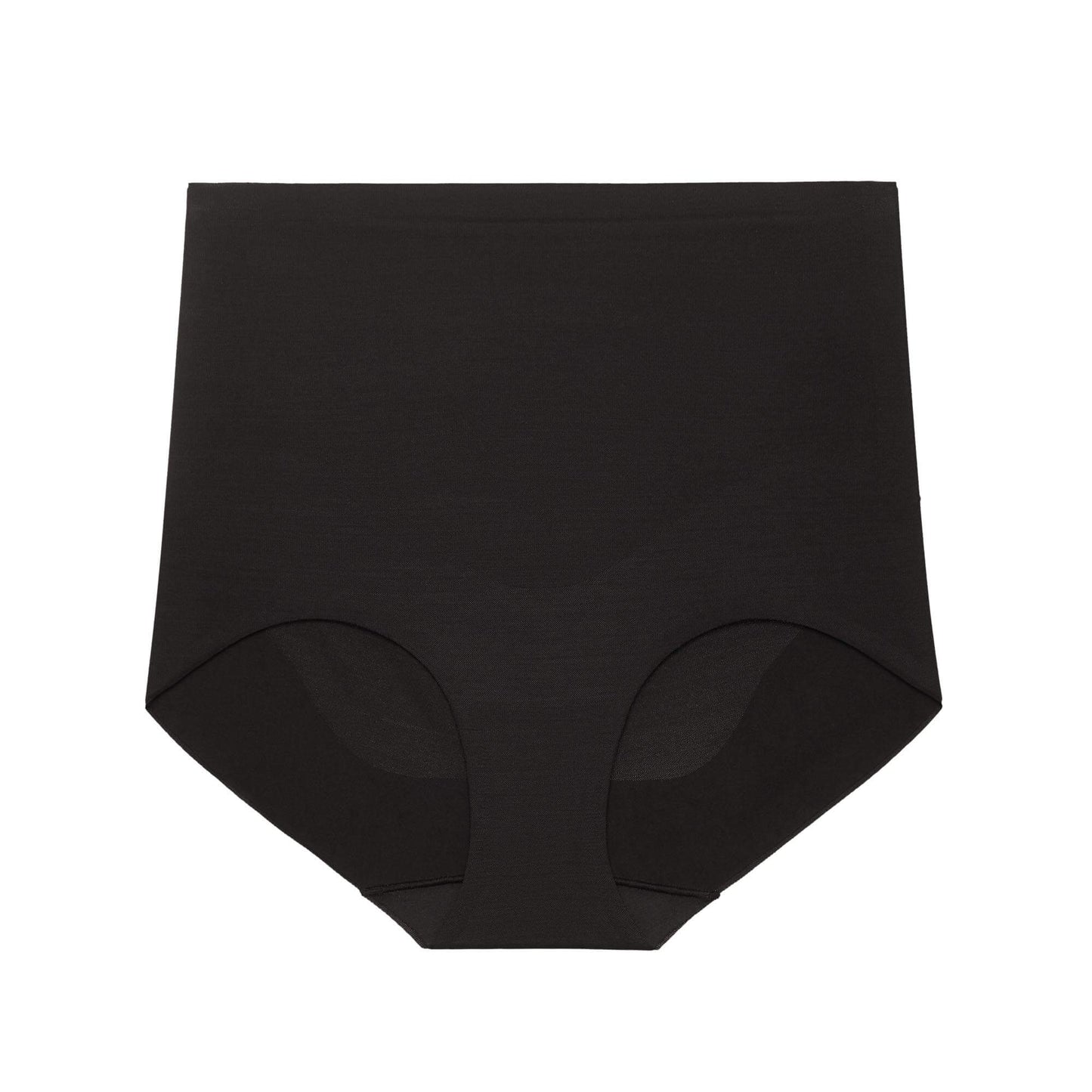 Product image of black high-waisted seamless briefs, displayed flat on a white background.