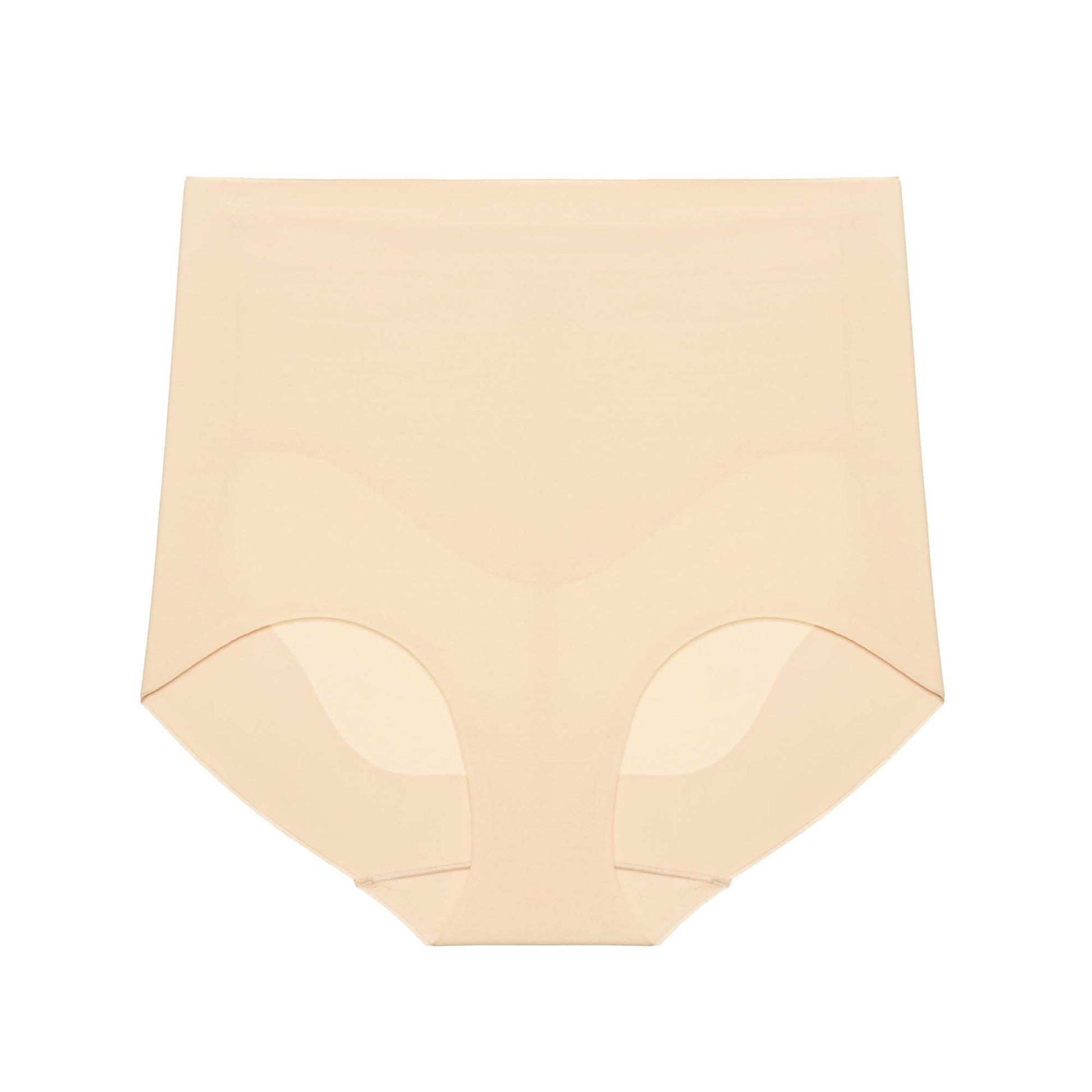 Product image of nude high-waisted seamless briefs, displayed flat on a white background.