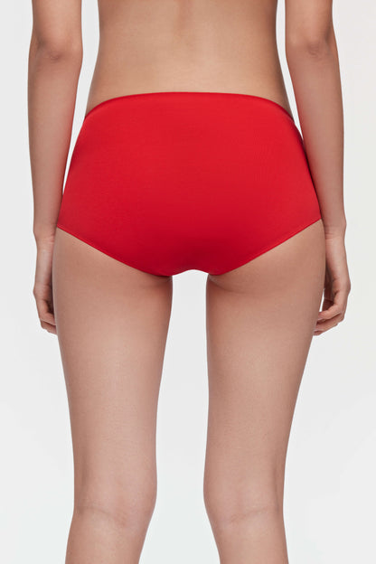 back of woman in red brief