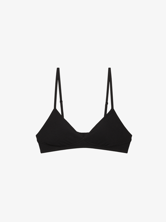 Flat lay of black bra.